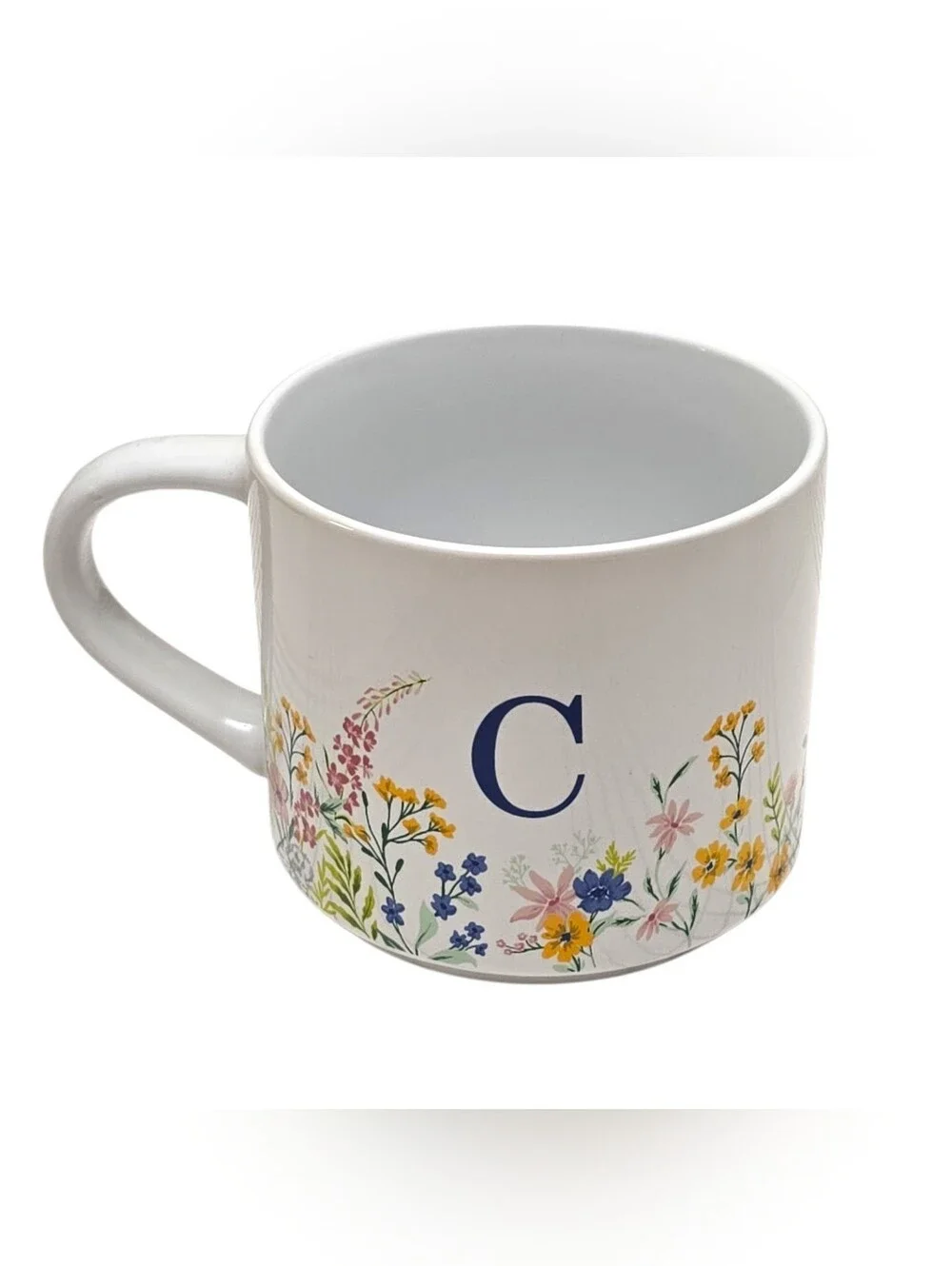 Monogram Letter C Floral Ceramic Coffee Mug White Wildflower Cottagecore Cup